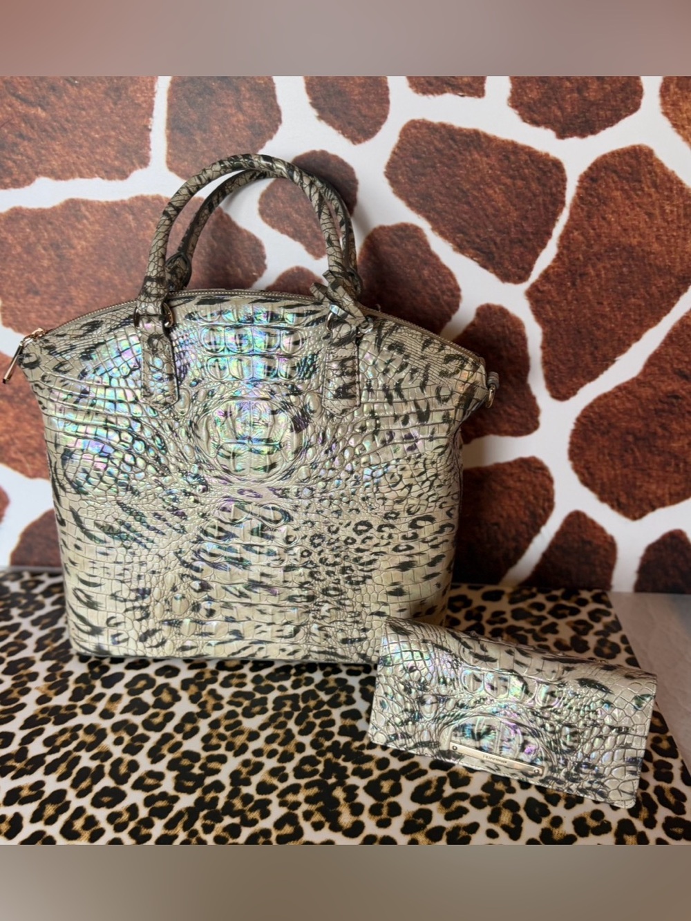 NWT BRAHMIN LARGE DUXBURY OBSESSION Animal Print With Wallet Leopard Cheetah - Picture 9 of 16